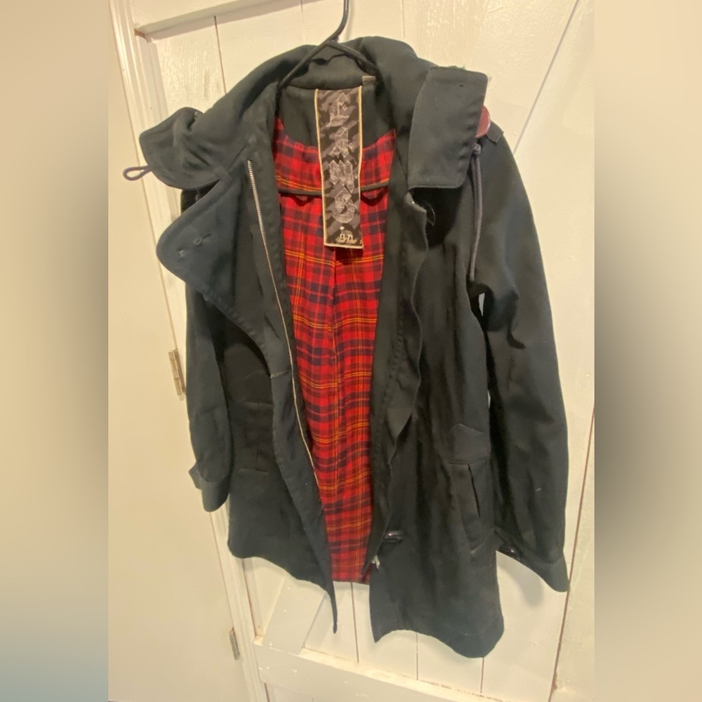Stylish Black L.A.M.B Coat with Red Plaid Lining